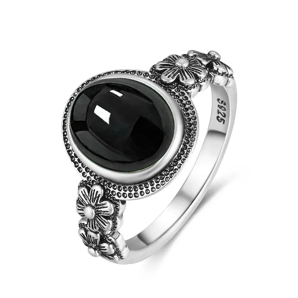 Vintage-Ring aus 925er Silber, natürlicher schwarzer Onyx-Ring, kreisförmiger Denier-Typ, Pferdeauge-Design, Geschenk, edler Schmuck, schwarzer Ring für Männer und Frauen