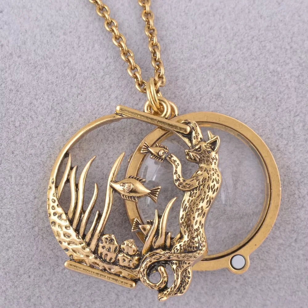 Lupe Glas Anhänger Sonne mit Mond und Sterne Halskette Antike Gold Farbe Schmuck Öffnet und Schließt