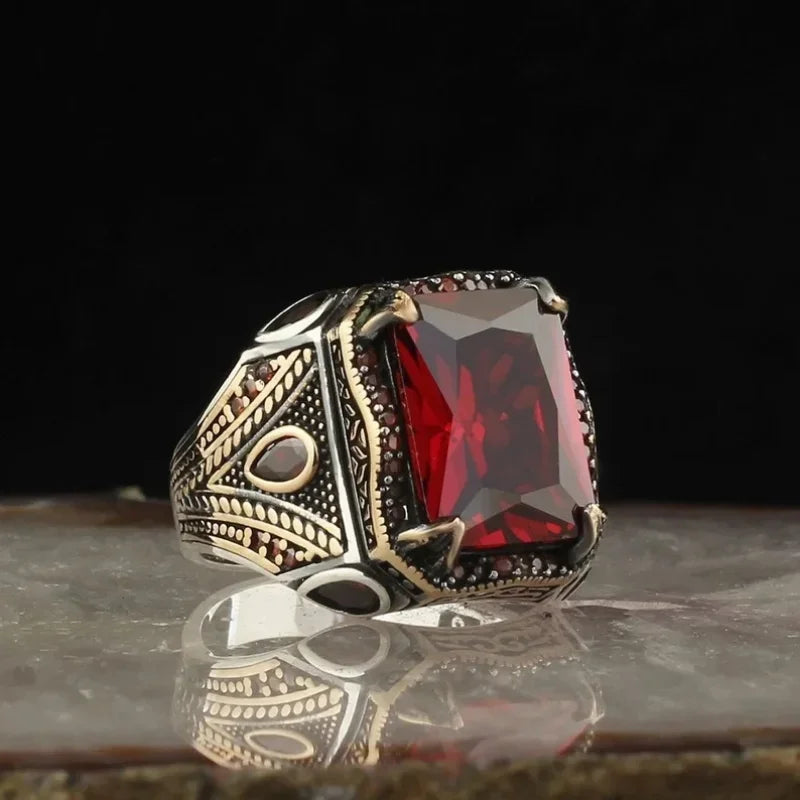 Retro handgemachte türkische Siegelringe für Männer alte silberne Farbe geschnitzten Ring mystischen Zirkon Inlay neuen Punk Motor Biker Ring
