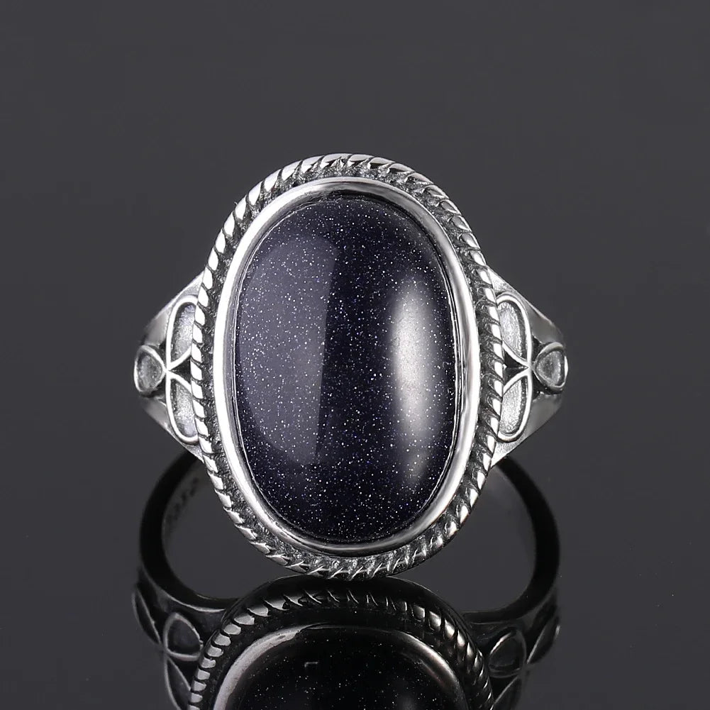 Ring aus 925er-Sterlingsilber, oval, rund, natürlicher blauer Sandstein, Ring für Frauen, Geschenk, Retro-Luxus, edler Schmuck