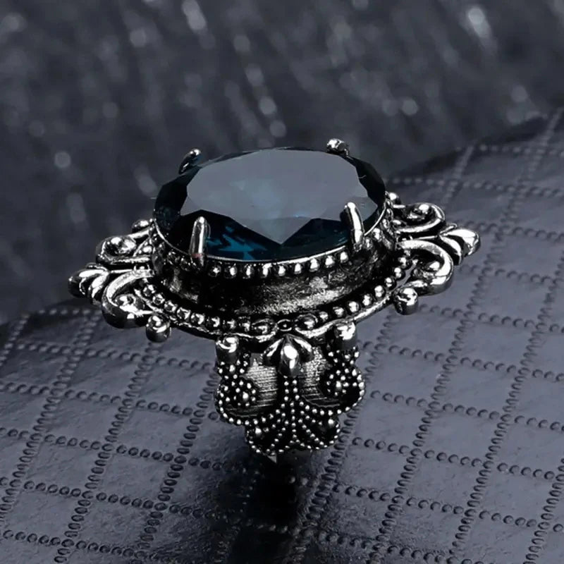 Huitan Geschnitzte Muster Vintage Frauen Ringe mit Oval Blau CZ Stein Retro Weibliche Ringe für Party Chic Jahrestag Geschenk Neue Schmuck