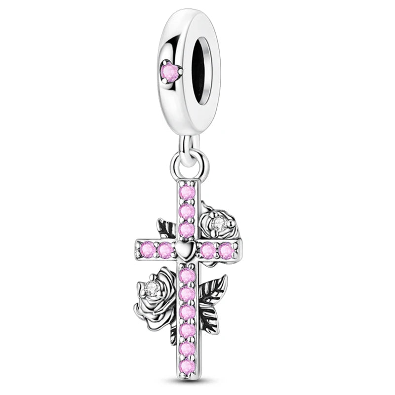 Rosa Charms aus 925er-Sterlingsilber, Perlen, Schmetterling, Parfümflasche, Krone, herzförmiger Zirkon, Charms für Frauen, feiner DIY-Schmuck, Geschenke