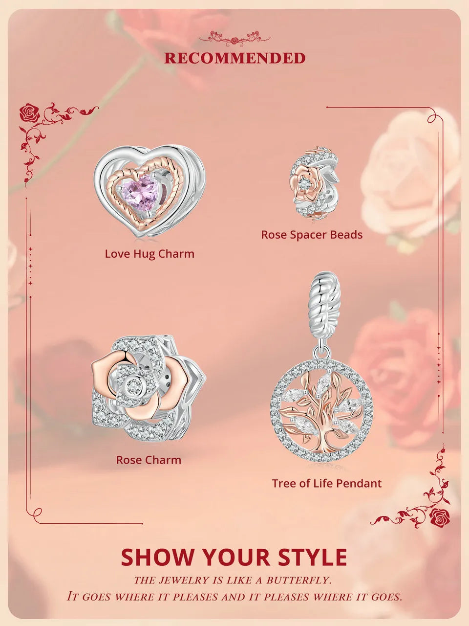 WOSTU Muttertags-Charm aus 925er-Sterlingsilber mit Rosenblüten-Anhänger, Baum des Lebens, Herzperlen, passend für Armbänder, Halsketten, DIY-Geschenk für Mama