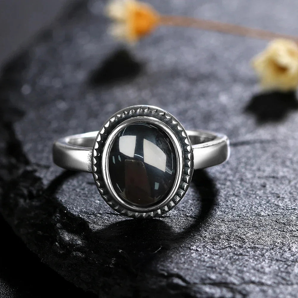 Vintage-Ring aus 925er Silber, natürlicher schwarzer Onyx-Ring, kreisförmiger Denier-Typ, Pferdeauge-Design, Geschenk, edler Schmuck, schwarzer Ring für Männer und Frauen