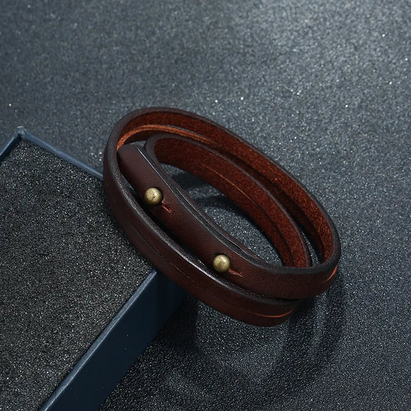 MKENDN Punk Vintage Doppel Strang Schwarz Braun Echtes Echtes Kuh Leder Charme Unisex Schnalle Armband Für Männer Frauen Schmuck Geschenke