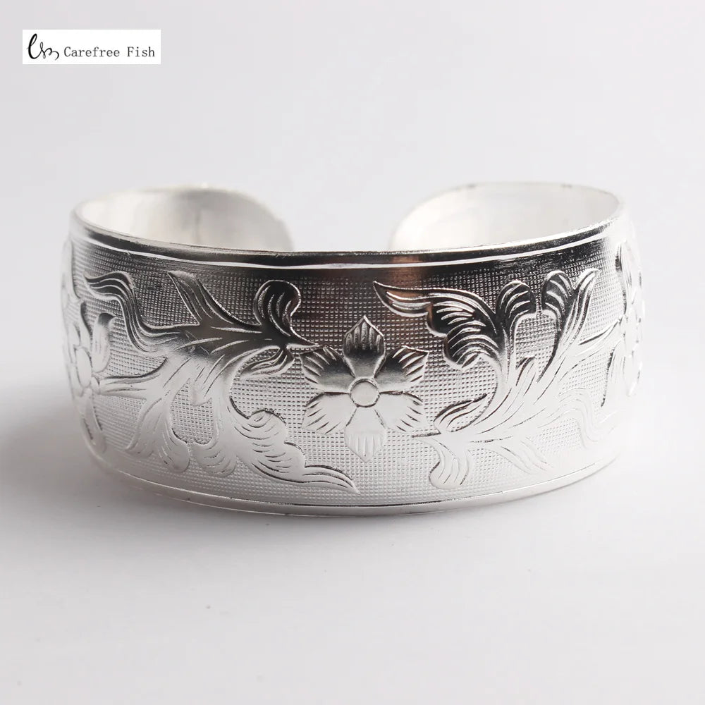 32-Stil Vintage-Manschettenarmband, tibetisch versilbert, geschnitzte Blume, Tier-Öffnungsarmreif, verstellbar, indischer Schmuck, Damen-Geschenke