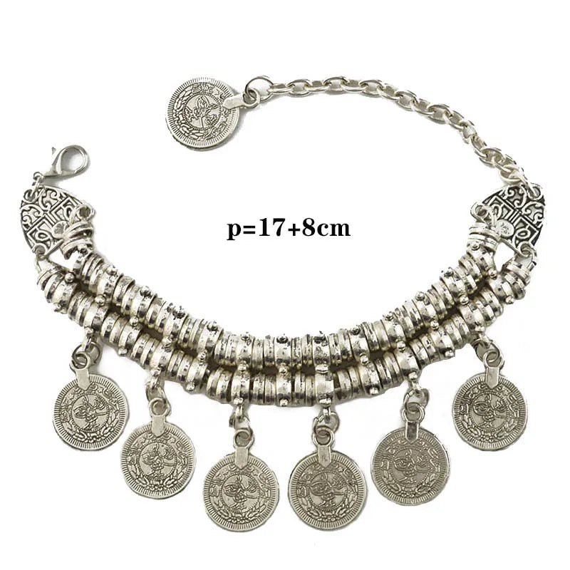 Mode Ethnische Gypsy Paar Armbänder Armreifen Für Frauen Kette Link Münze Charme Quaste Vintage Strand Einstellbare Boho Armbänder
