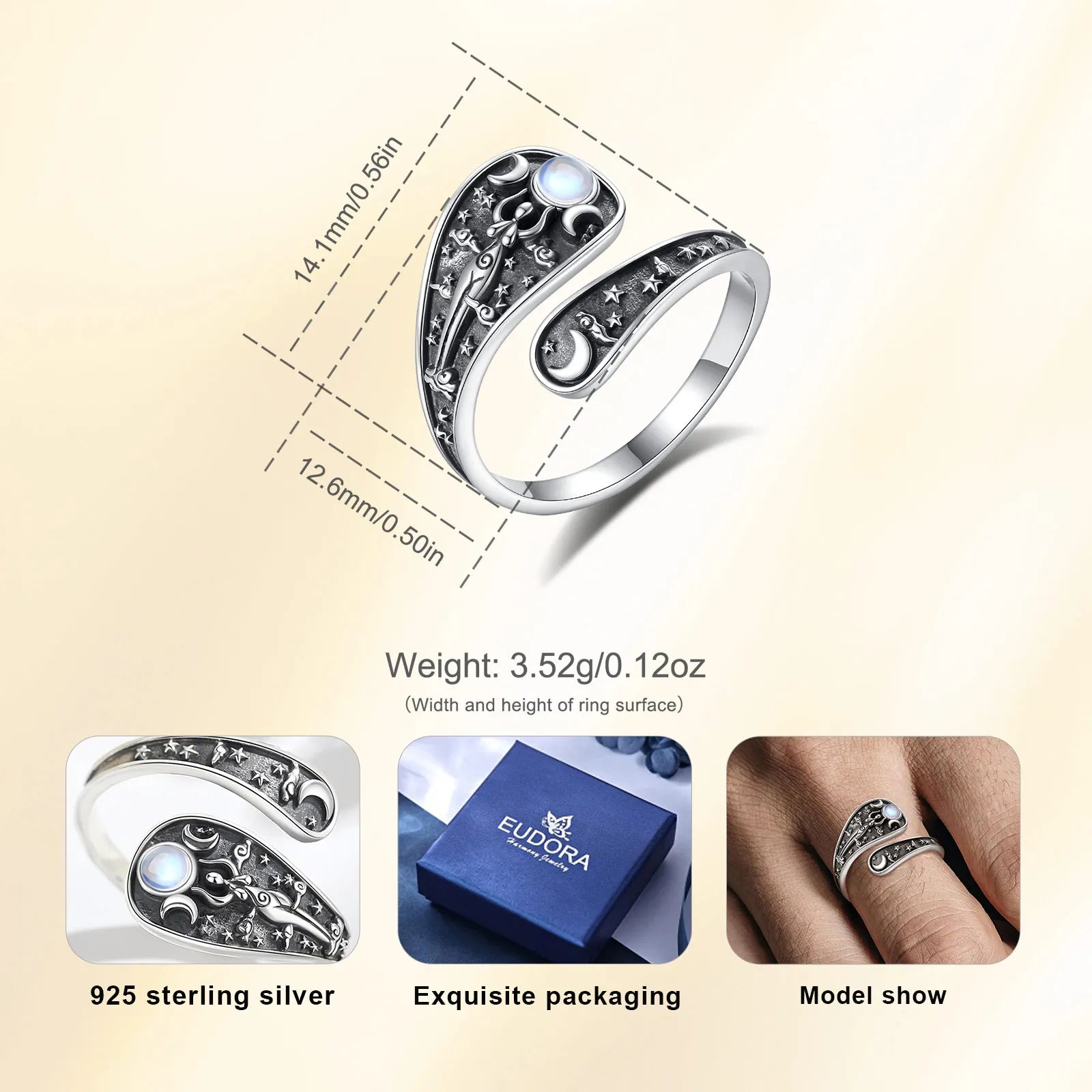 Eudora Verstellbarer Ring aus 925er-Sterlingsilber mit dreifacher Mondgöttin, Mondstein, Hekate, Amulett, Löffelring, Vintage-Schmuck, Geschenk für Frauen