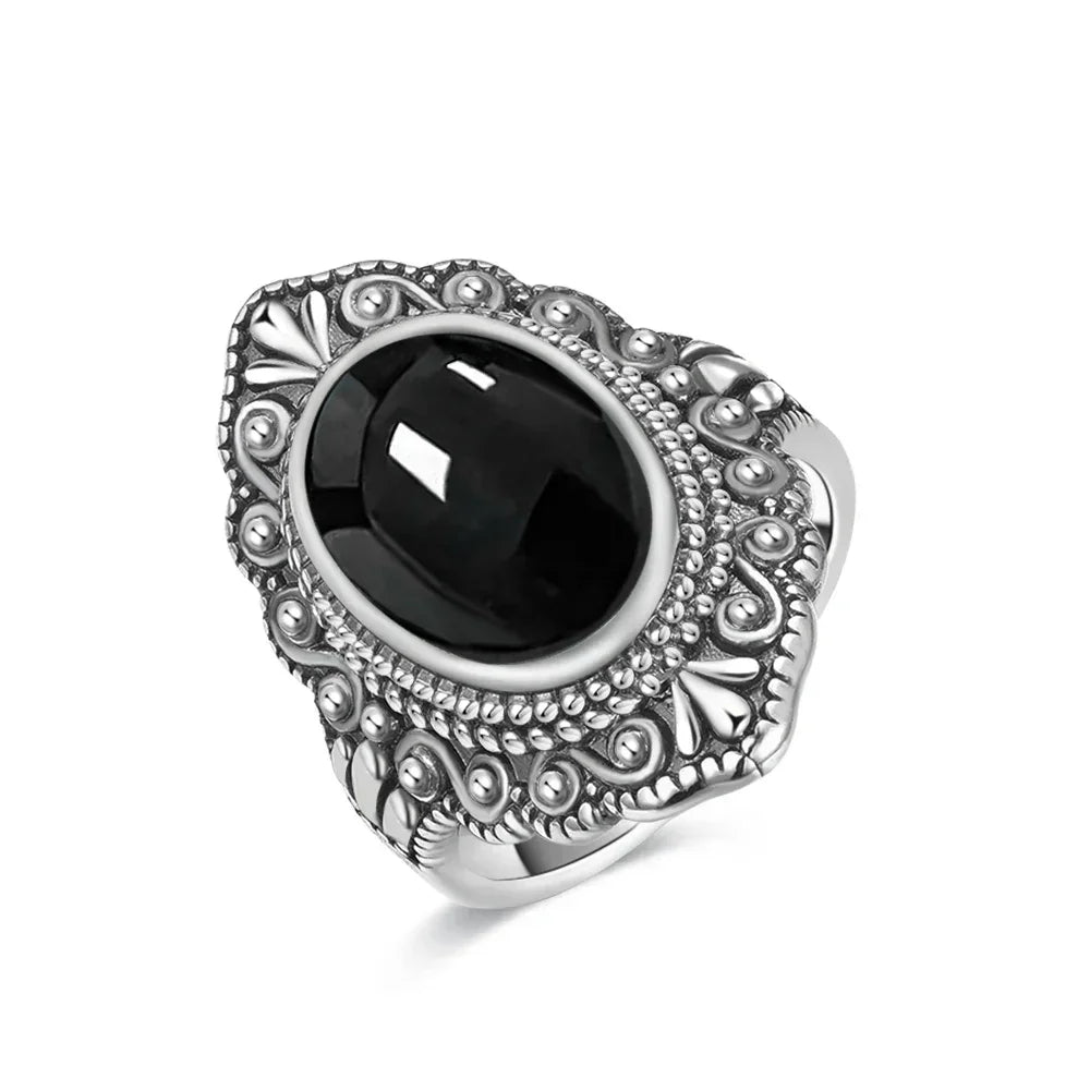 Vintage-Ring aus 925er Silber, natürlicher schwarzer Onyx-Ring, kreisförmiger Denier-Typ, Pferdeauge-Design, Geschenk, edler Schmuck, schwarzer Ring für Männer und Frauen