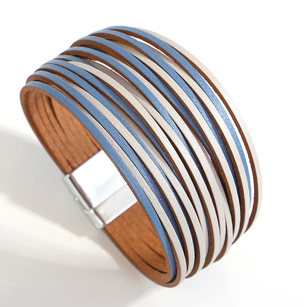ALLYES Retro Blaue Lederarmbänder für Damen Herren Boho Charm Perle Kristall Herz Mehrschichtiges Wickelarmband & Armreif Schmuck Geschenke