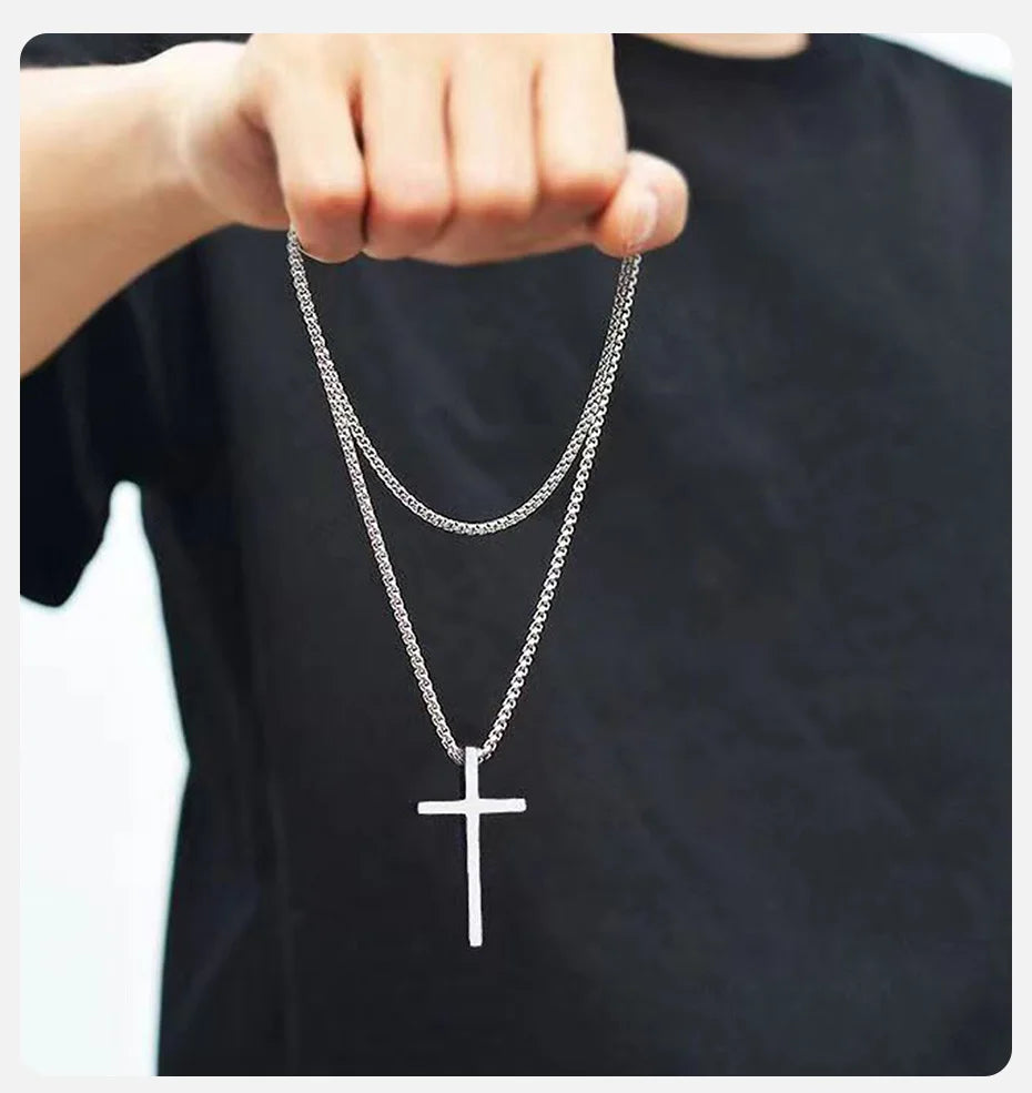 Vnox Kreuz-Halskette für Männer und Frauen, silberfarbenes, schlichtes Kreuz-Anhänger-Kragen mit Edelstahl-Kastenkette