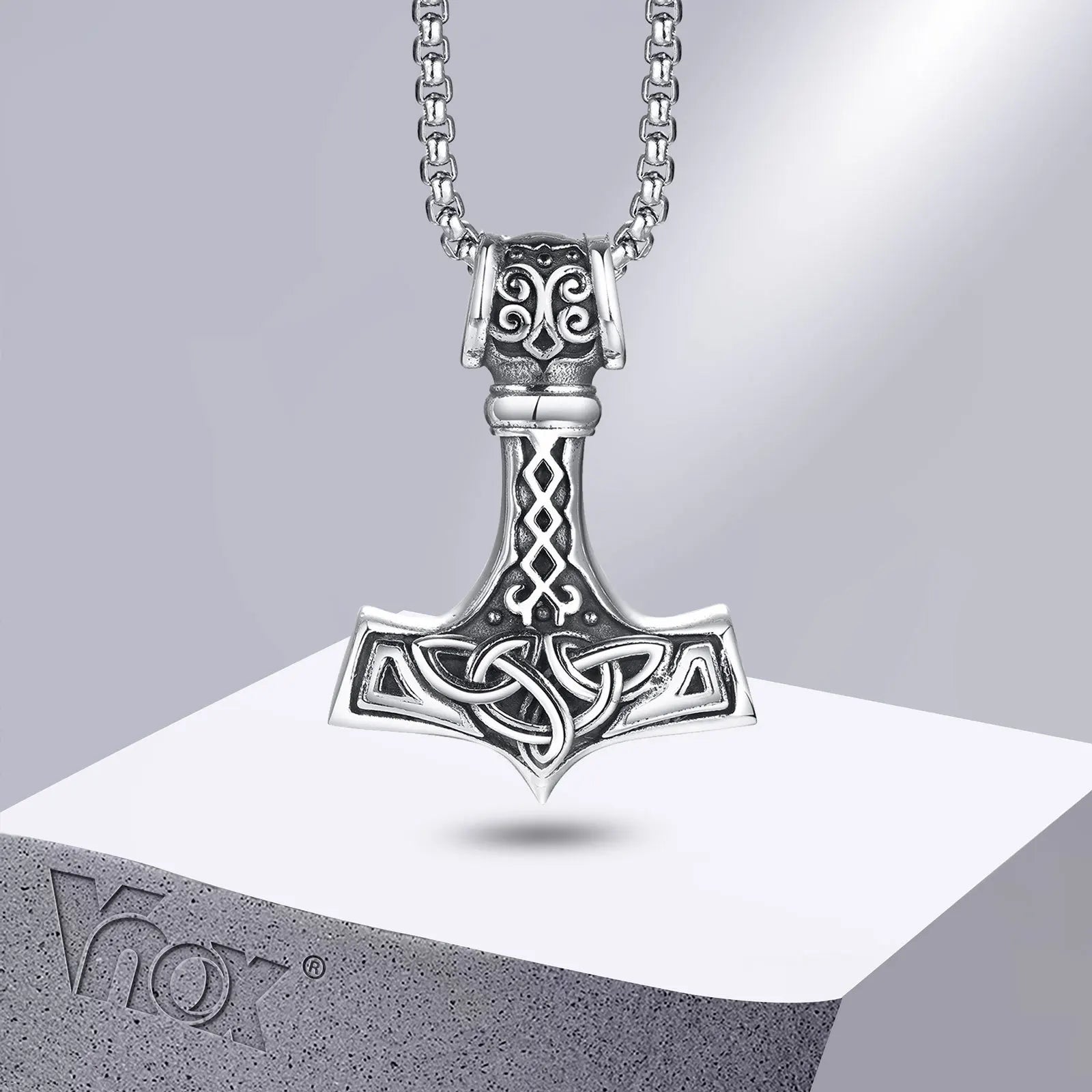 Vnox Vintage Herren nordische Wikinger-Halsketten, Rock Punk Retro Thor Mjolnir Hammer Anhänger, skandinavisches nordisches Amulett Runen-Halsschmuck