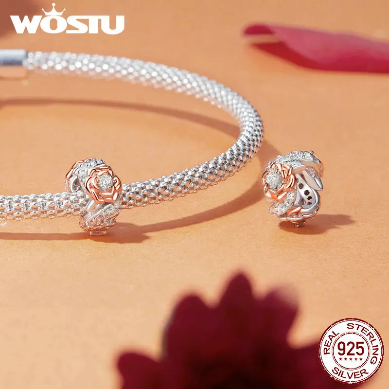 WOSTU Muttertags-Charm aus 925er-Sterlingsilber mit Rosenblüten-Anhänger, Baum des Lebens, Herzperlen, passend für Armbänder, Halsketten, DIY-Geschenk für Mama