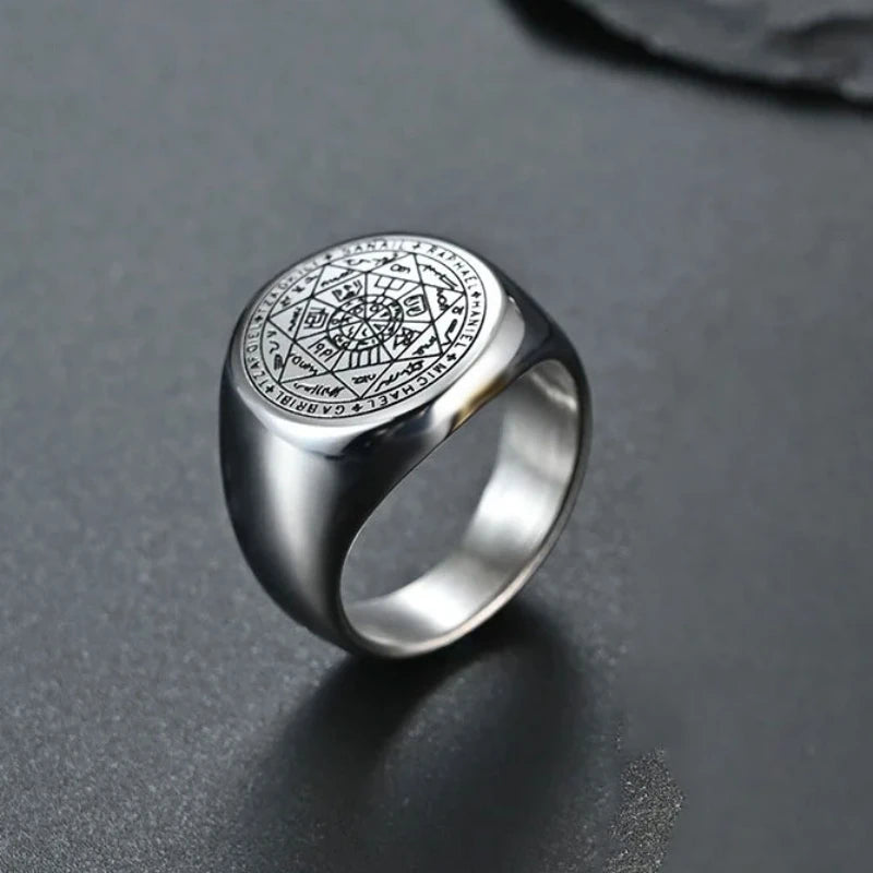 YILUOCD Siegel der sieben Erzengel-Ringe für Männer Der Schlüssel des Salomon-Rings Kabbalah Talisman Amulett Edelstahl Herrenschmuck