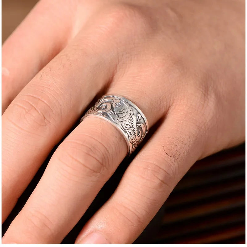 NEUE Vintage Koi Fisch Muster Öffnung Glück Ringe für Frauen Männer Charme Schmuck Mythische Tiere Muster Öffnung Ring