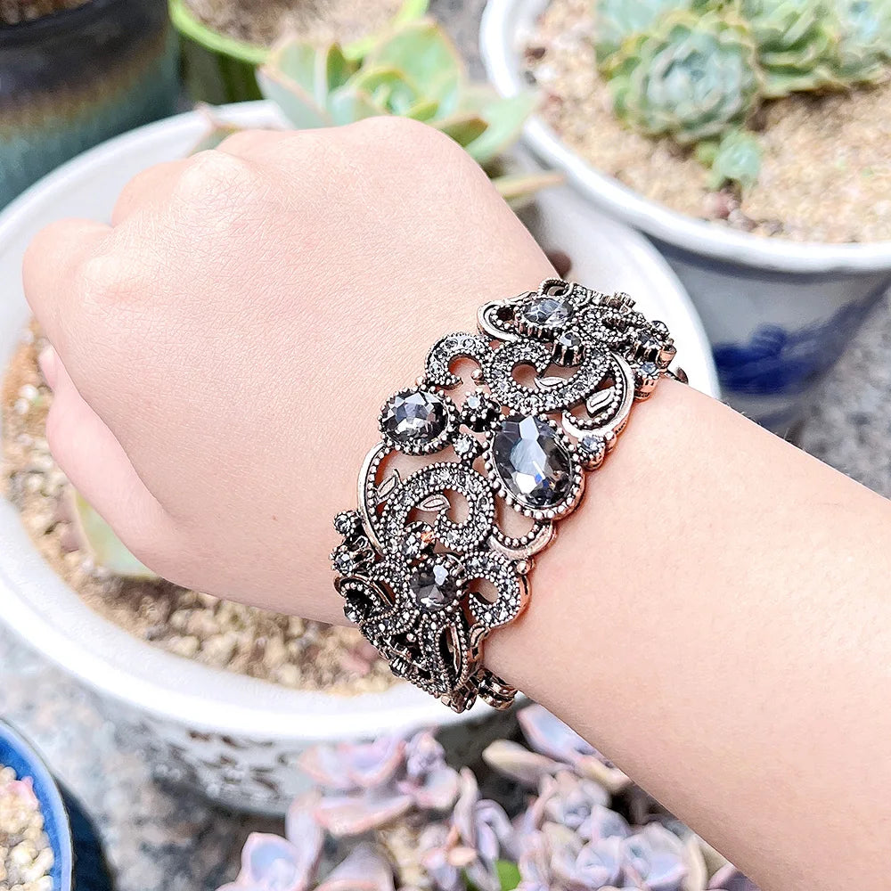 Sunspicems Böhmen Grau Kristall Türkische Armreif Manschette Armband Für Frauen Retro Gold Farbe Arabischen Braut Hochzeit Schmuck Bankett Geschenk