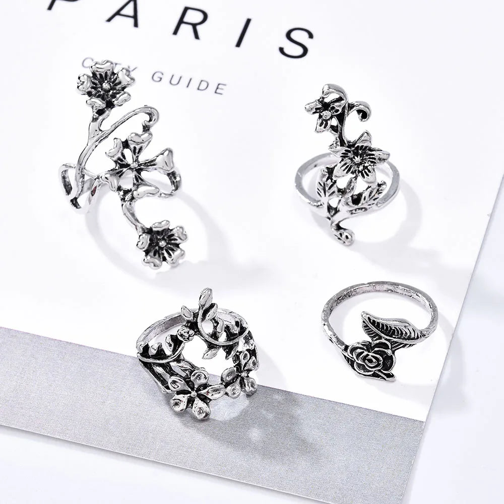 4 Teile/satz Wald Reben Blatt Blume Ring Vintage Punk Antike Geschnitzte Midi Finger Ring Frauen Böhmischen Ringe Für Männer Schmuck geschenke