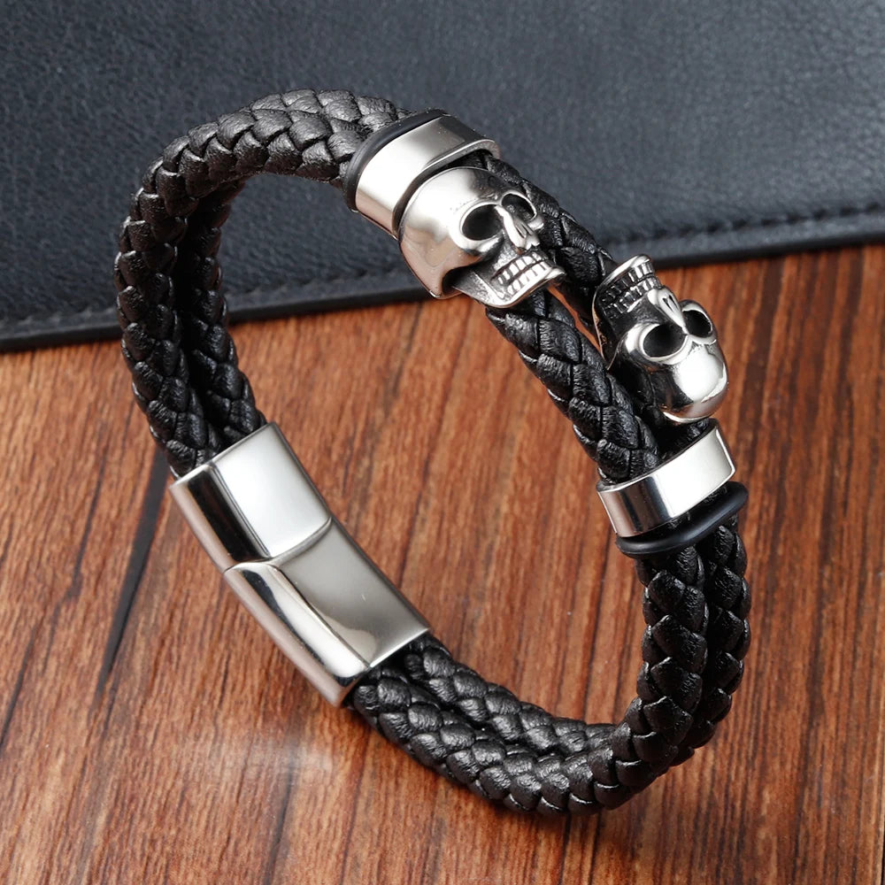 Übertreibung Männer Schmuck Schwarz Geflochtene Leder Armbänder Edelstahl Leder Armbänder Coole Schädel Armbänder Männer Armband