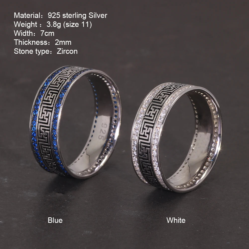 Türkische Ringe aus echtem Sterlingsilber 925, für Männer und Frauen mit blauem, rundem Zirkon, Retro-Punk-Ringe, modischer Silberschmuck