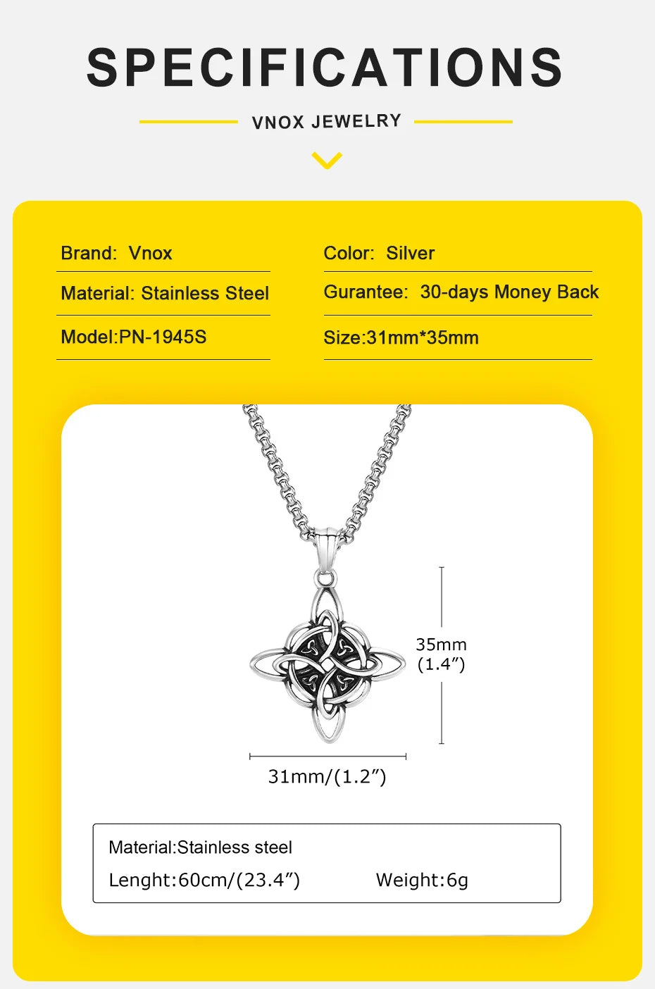 Vnox Vintage keltische Knoten-Halsketten für Männer und Frauen, nordischer Nord-Eur-Amulett-Anhänger aus Edelstahl, Triquetra-Hexenknoten-Kragen