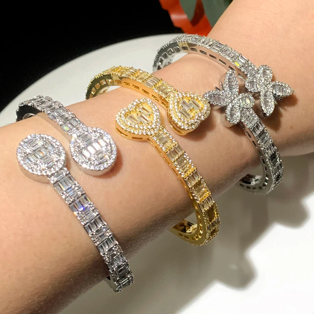 Neue Iced Out Bling Schmetterling Herz Armband Silber Farbe CZ Zirkon Oval Charme Geöffnet Armreif Für Männer Frauen Hiphop Luxus schmuck