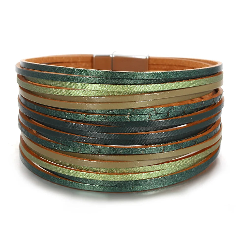 ALLYES Vintage grünes mehrschichtiges Wickelarmband aus Leder für Damen und Herren, Boho-Armbänder mit eingelegten Strasssteinen und Armreifen, Charm-Schmuck
