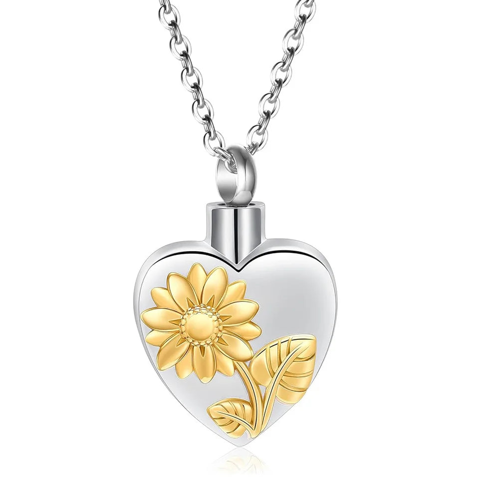Urnen-Medaillon-Halskette mit Sonnenblumen-Herz, Asche-Halskette aus Edelstahl, Urnen-Halskette für Asche, Erinnerungs-Andenken, Schmuck für menschliches Haustier