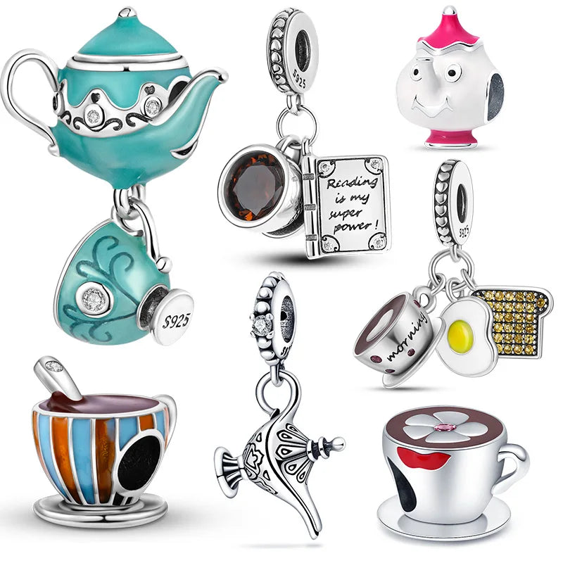 Echtes 925 Sterling Silber Buch Und Kaffeetasse Charms Fit Original Pand 3mm Armband Anhänger Perlen Frauen Edlen schmuck