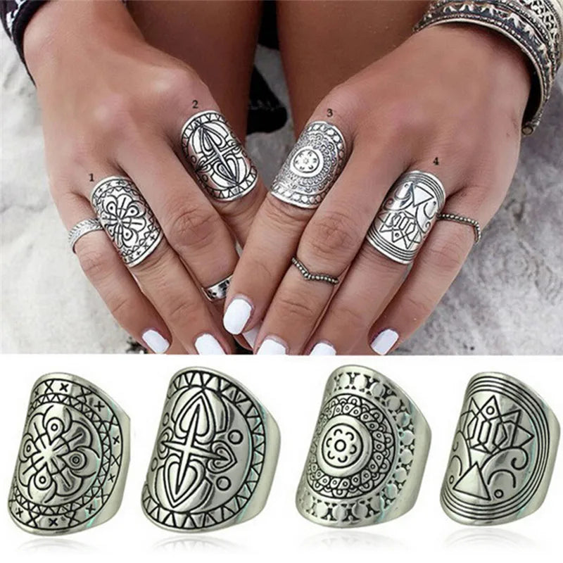 4 Teile/satz Einzigartige Carving Tibetischen Neue Überzogene Böhmen Ring Set Für Frau Punk Boho Ring Sets Vintage-Schmuck