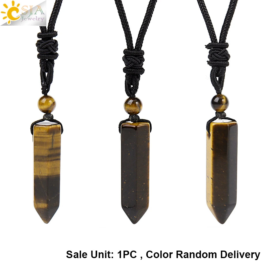 CSJA Sechseckige Naturstein-Anhänger-Kristall-Halskette für Damen und Herren, Amethyst, Tigerauge, schwarzer Obsidian, verstellbare Seilkette H477