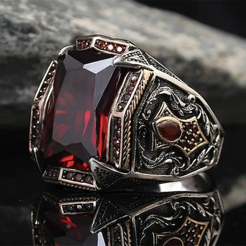 Vintage Handgemachte Türkische Signet Ring Für Männer Frauen Alte Silber Farbe Geschnitzte Ring Rot Gelb Zirkon Inlay Punk Motor Biker