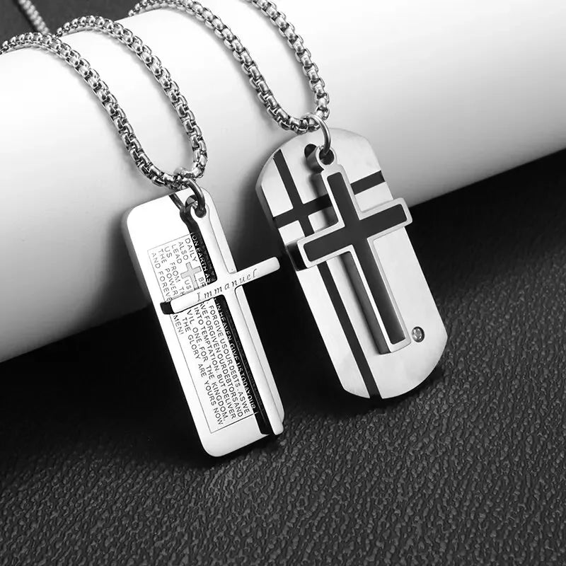 Herren-Kreuz-Halskette, Edelstahl, silberfarben, Glaube, Kreuz, Bibelvers, Erkennungsmarke, Anhänger, Halskette, Geburtstagsgeschenke für Jungen