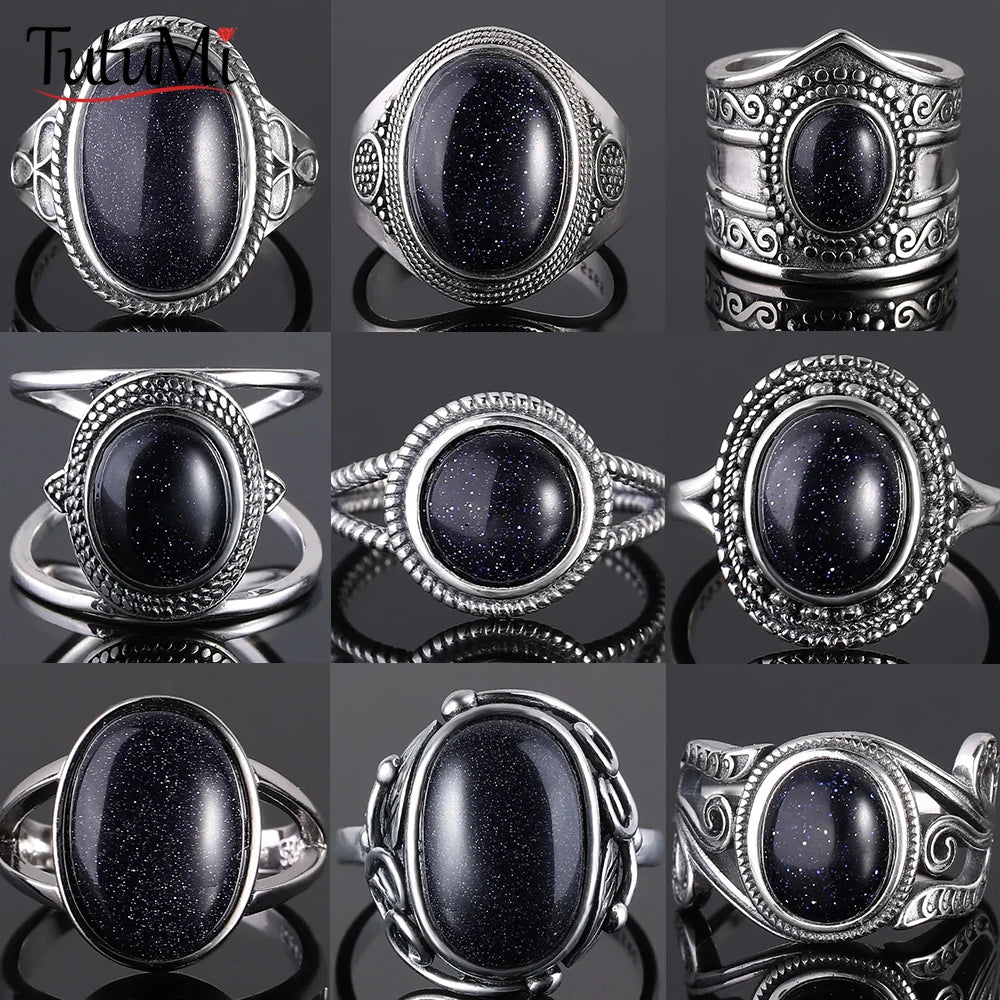Ring aus 925er-Sterlingsilber, oval, rund, natürlicher blauer Sandstein, Ring für Frauen, Geschenk, Retro-Luxus, edler Schmuck