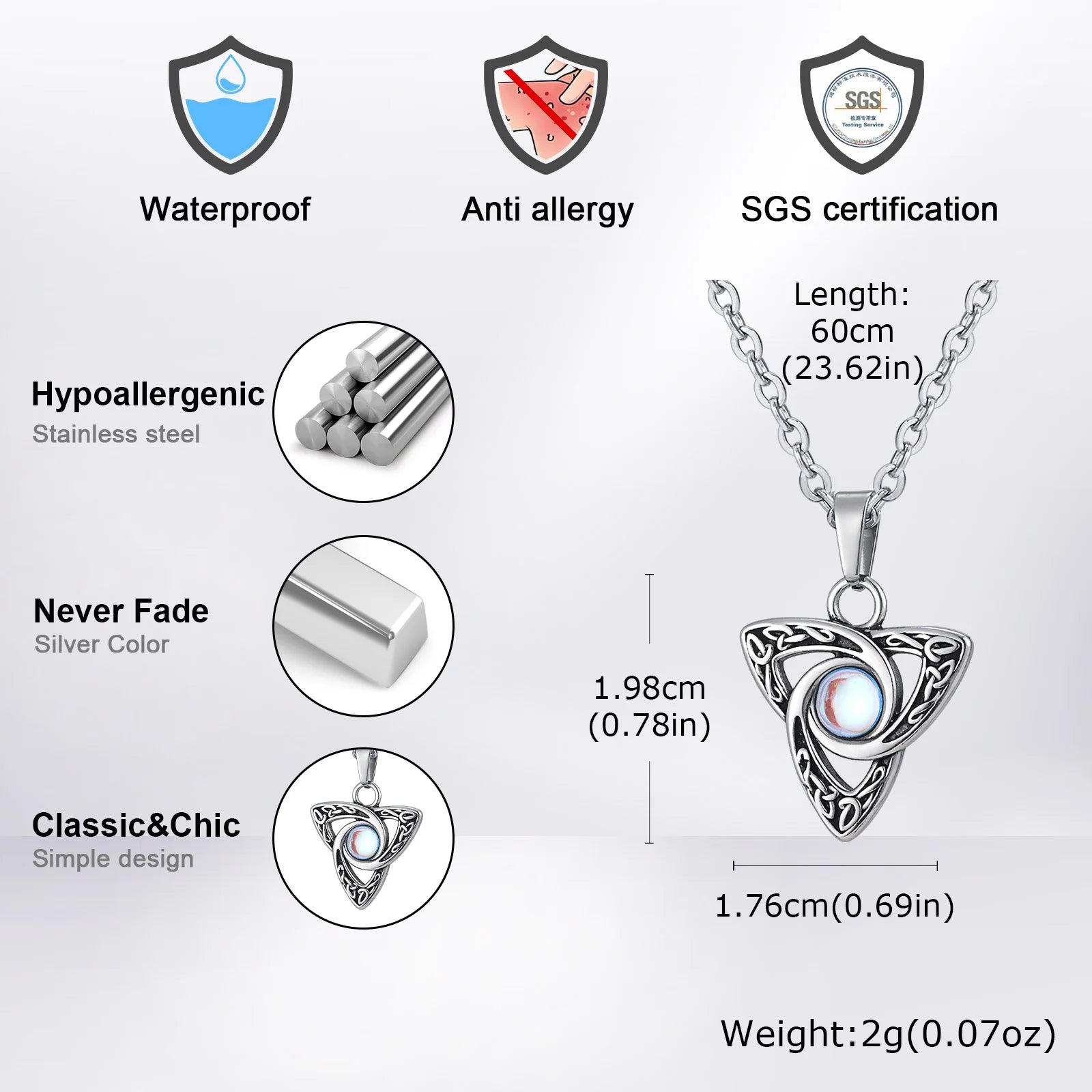 Vnox Vintage-Halsketten mit keltischem Knoten-Anhänger und Mondstein-Intarsien für Männer und Frauen, Hexenknoten-Kragen-Schmuck mit Box-Kette