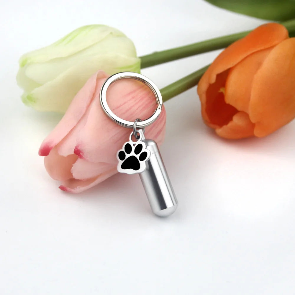 Haustier-Urnen-Schlüsselanhänger, Pfotenabdruck, Zylinder-Urnen-Anhänger, Schlüsselanhänger für Hunde, Asche, Welpen, Kätzchen, Asche, Andenken, Feuerbestattung, Gedenk-Anhänger