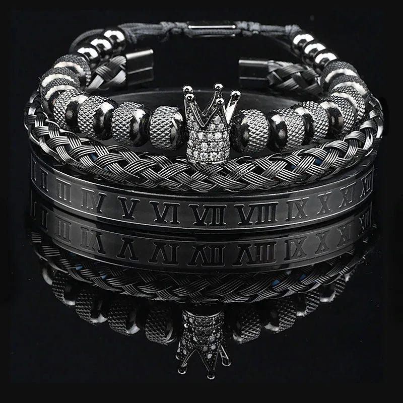 Luxus Schwarz Stein Perlen Leopard Kopf Mann Armband Emaille Edelstahl Römischen Armreifen Frauen Schmuck Set