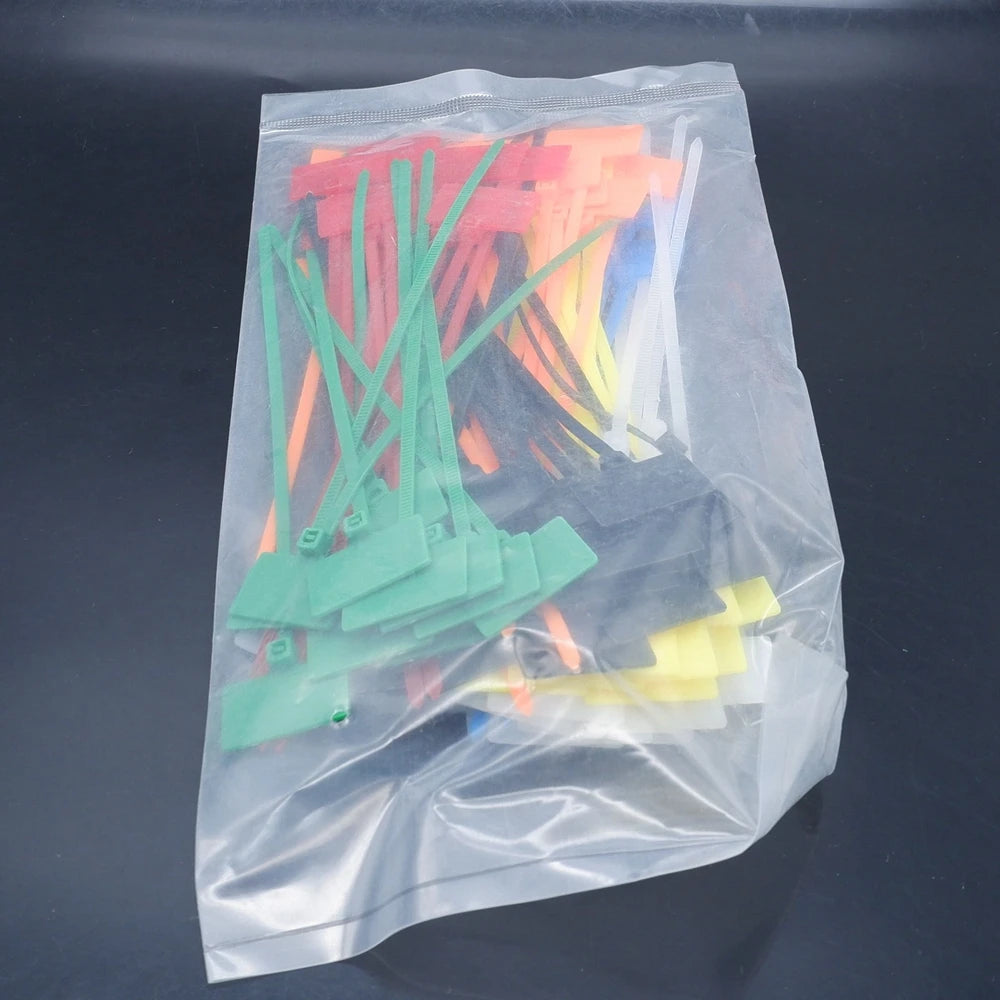 100 Stück Nylon-Kunststoff-Kabelbinder, Etiketten, Schlaufe, selbstsichernde Kabelbinder, Netzwerk-Befestigungsgurte, Marker, Blau, Rot, Grün, Gelb