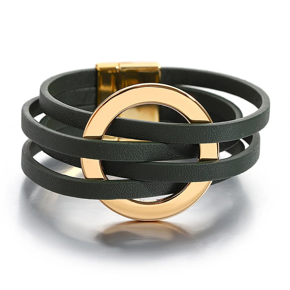 ALLYES Vintage grünes mehrschichtiges Wickelarmband aus Leder für Damen und Herren, Boho-Armbänder mit eingelegten Strasssteinen und Armreifen, Charm-Schmuck