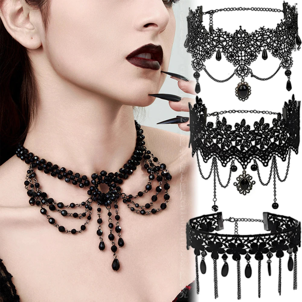 Neo-Gothic Punk Schwarz Sexy Spitze Halskette Für Frauen Mode Retro Schlüsselbein Kette Halloween Kragen Halsband Steampunk Geschenke