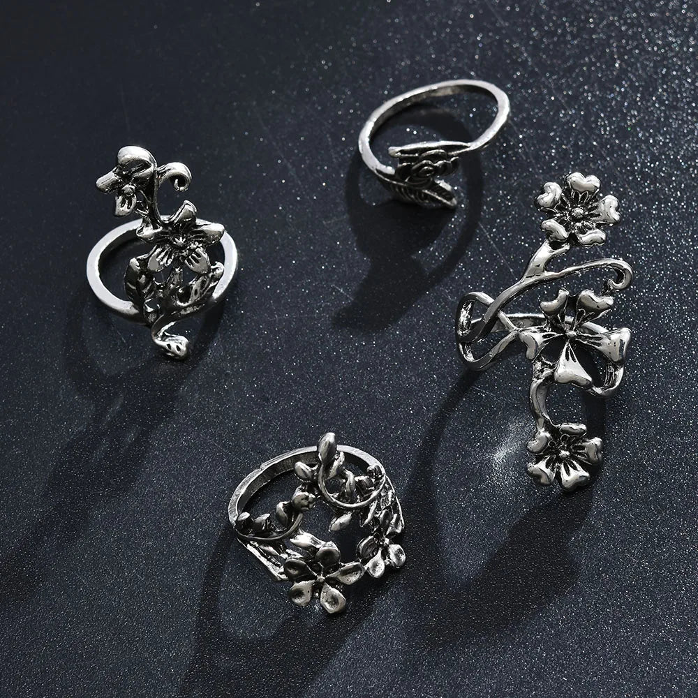 4 Teile/satz Wald Reben Blatt Blume Ring Vintage Punk Antike Geschnitzte Midi Finger Ring Frauen Böhmischen Ringe Für Männer Schmuck geschenke