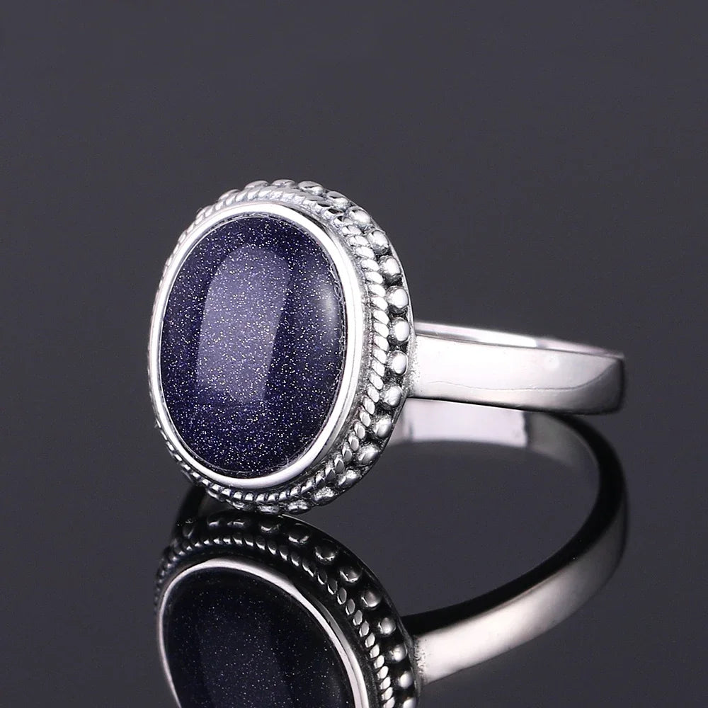 Ring aus 925er-Sterlingsilber, oval, rund, natürlicher blauer Sandstein, Ring für Frauen, Geschenk, Retro-Luxus, edler Schmuck
