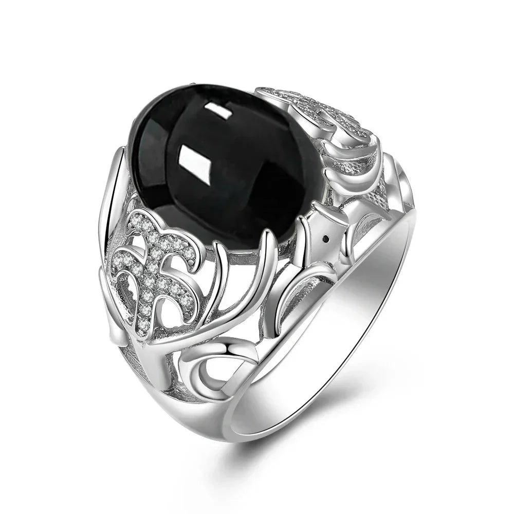 Vintage-Ring aus 925er Silber, natürlicher schwarzer Onyx-Ring, kreisförmiger Denier-Typ, Pferdeauge-Design, Geschenk, edler Schmuck, schwarzer Ring für Männer und Frauen
