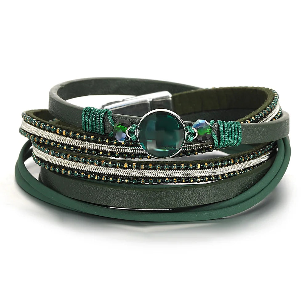 ALLYES Vintage grünes mehrschichtiges Wickelarmband aus Leder für Damen und Herren, Boho-Armbänder mit eingelegten Strasssteinen und Armreifen, Charm-Schmuck