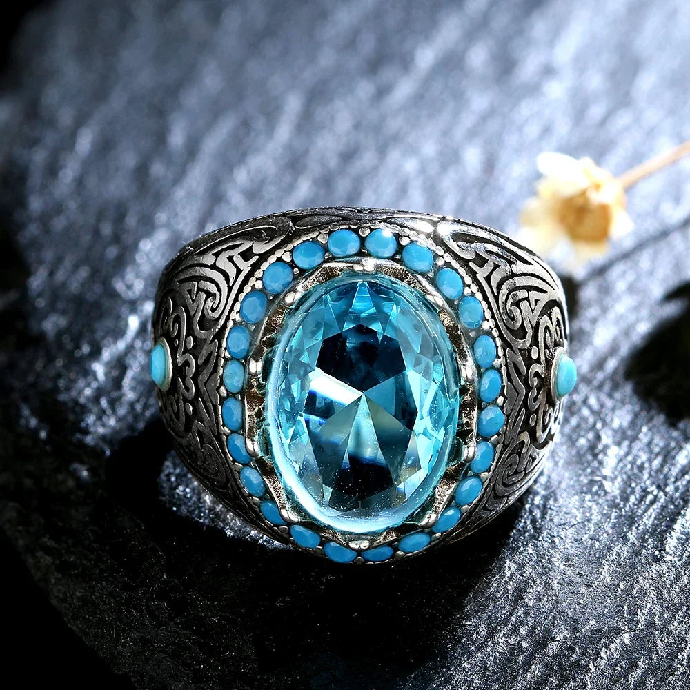Silberring für Männer und Frauen, blauer Zirkon-Fingerring, Vintage-Edelschmuck, Aquamarin-Edelstein-Schmuck, Geschenk