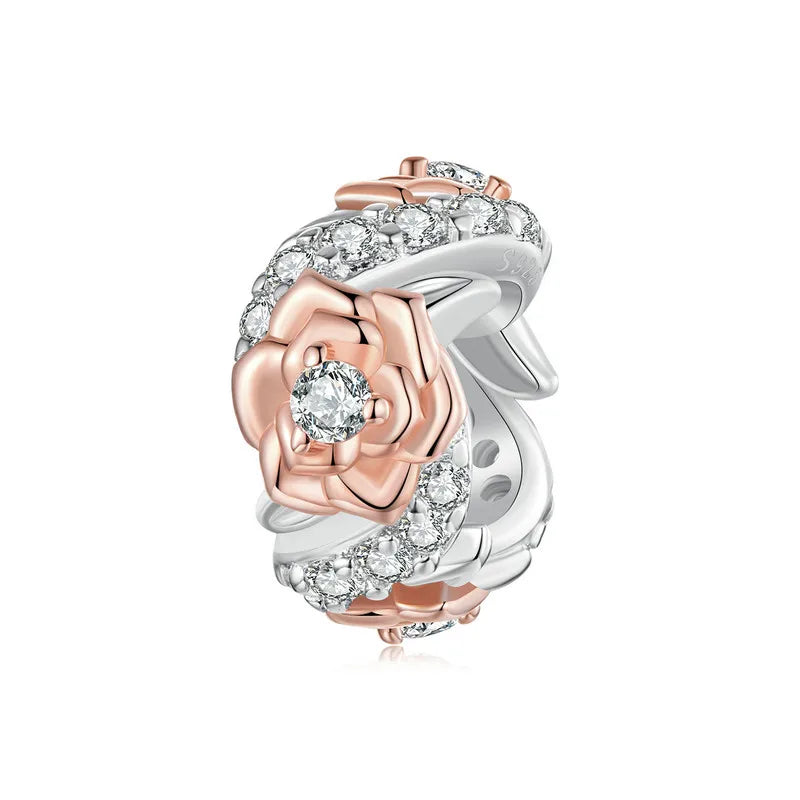 WOSTU Muttertags-Charm aus 925er-Sterlingsilber mit Rosenblüten-Anhänger, Baum des Lebens, Herzperlen, passend für Armbänder, Halsketten, DIY-Geschenk für Mama