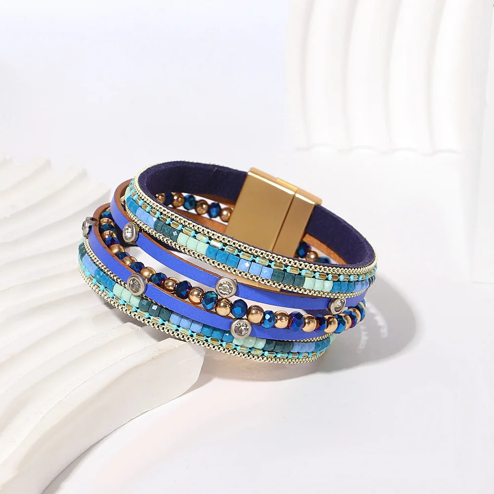 ALLYES Retro Blaue Lederarmbänder für Damen Herren Boho Charm Perle Kristall Herz Mehrschichtiges Wickelarmband & Armreif Schmuck Geschenke