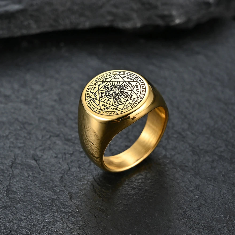 YILUOCD Siegel der sieben Erzengel-Ringe für Männer Der Schlüssel des Salomon-Rings Kabbalah Talisman Amulett Edelstahl Herrenschmuck