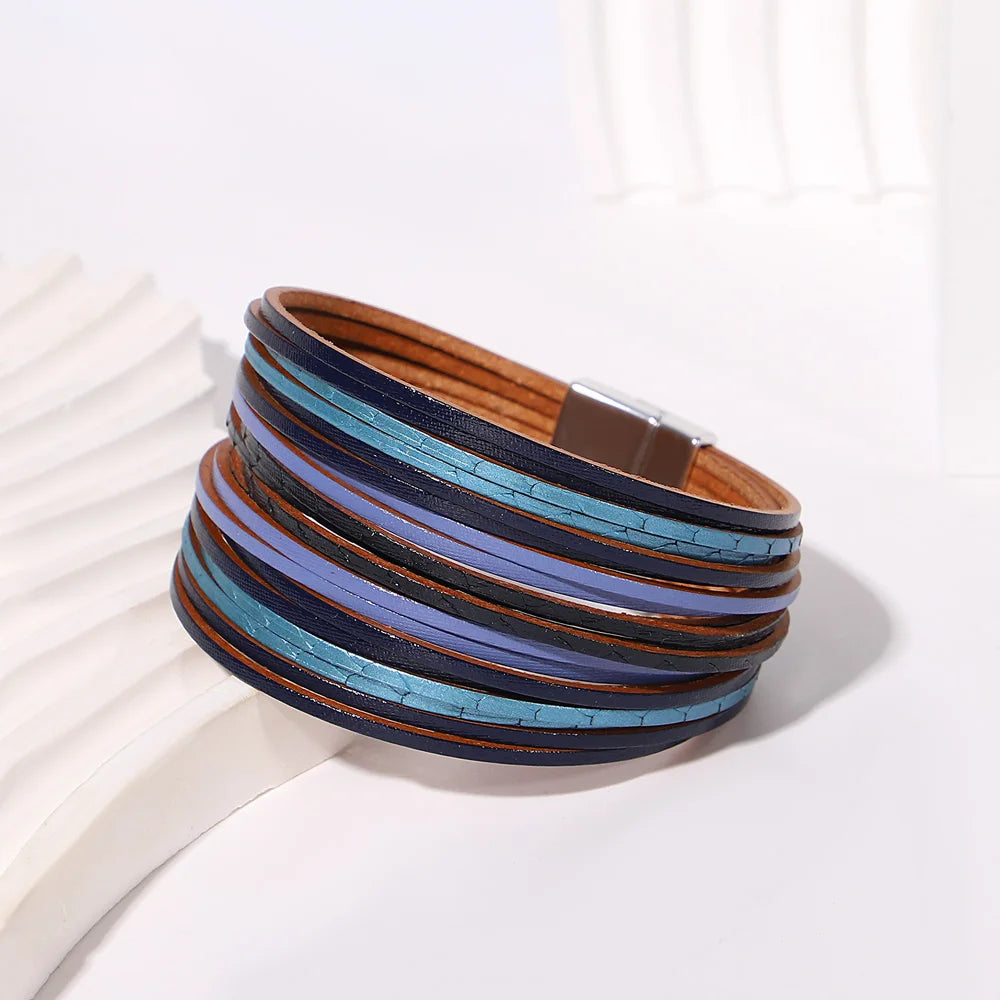 ALLYES Retro Blaue Lederarmbänder für Damen Herren Boho Charm Perle Kristall Herz Mehrschichtiges Wickelarmband & Armreif Schmuck Geschenke