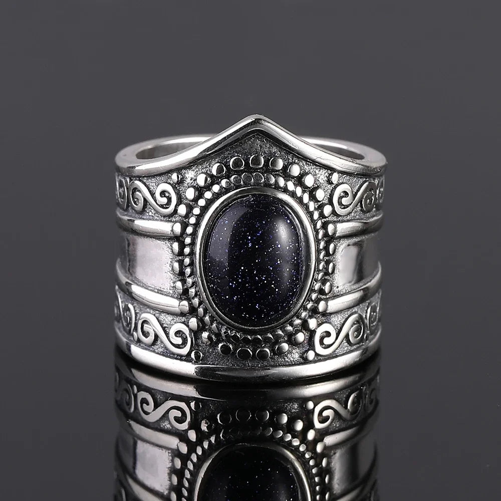 Ring aus 925er-Sterlingsilber, oval, rund, natürlicher blauer Sandstein, Ring für Frauen, Geschenk, Retro-Luxus, edler Schmuck