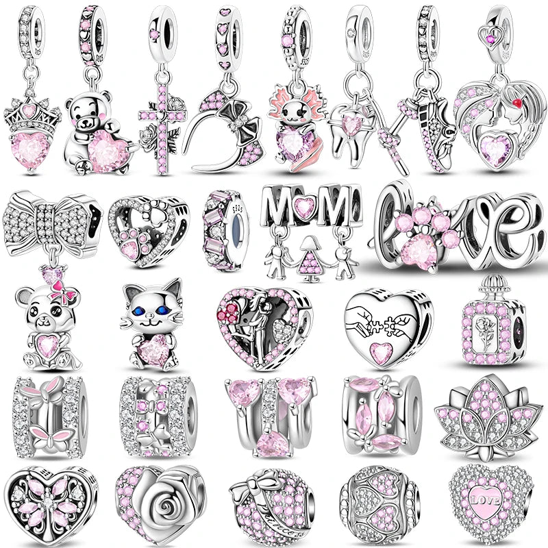 Rosa Charms aus 925er-Sterlingsilber, Perlen, Schmetterling, Parfümflasche, Krone, herzförmiger Zirkon, Charms für Frauen, feiner DIY-Schmuck, Geschenke